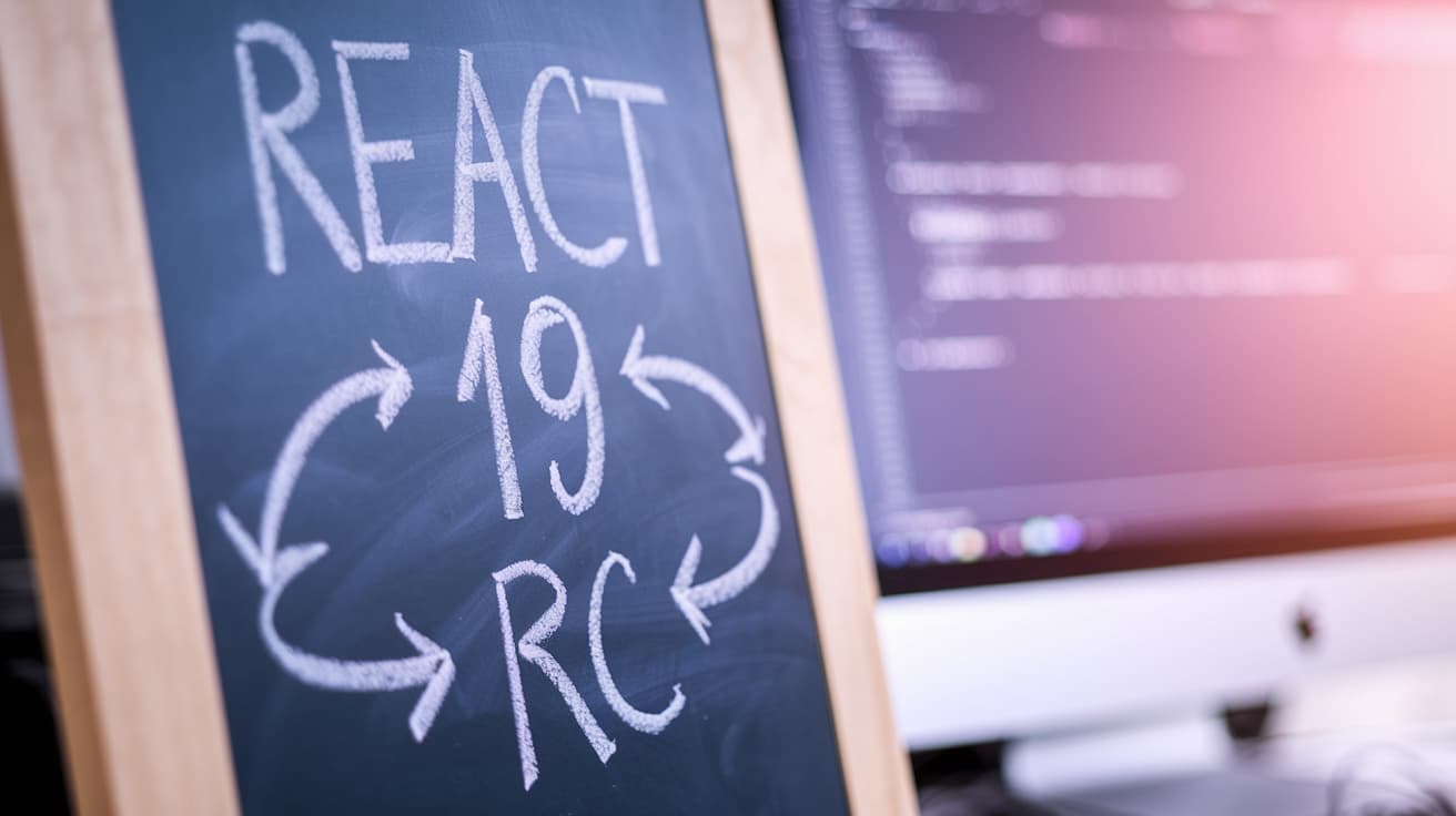 A photo of a chalkboard with the text "React 19 RC"