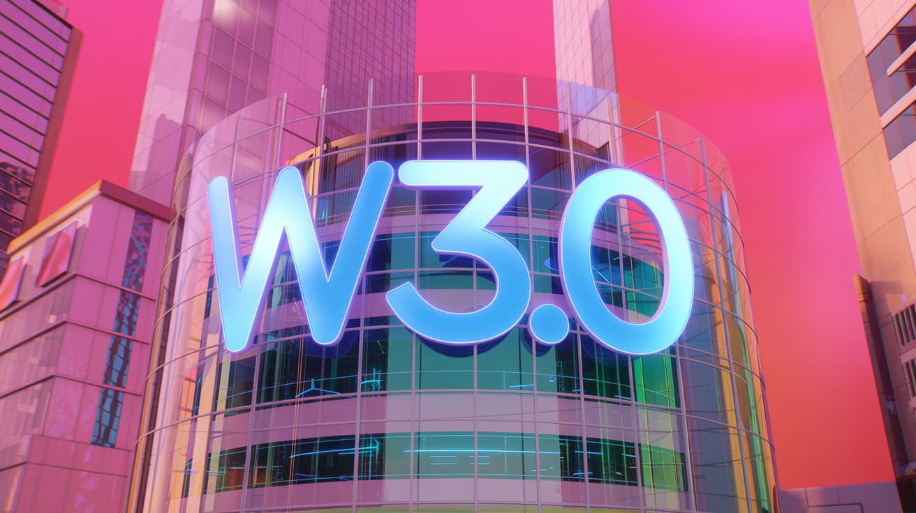 A 3D render of a futuristic city with a Web 3.0 logo on a building. 